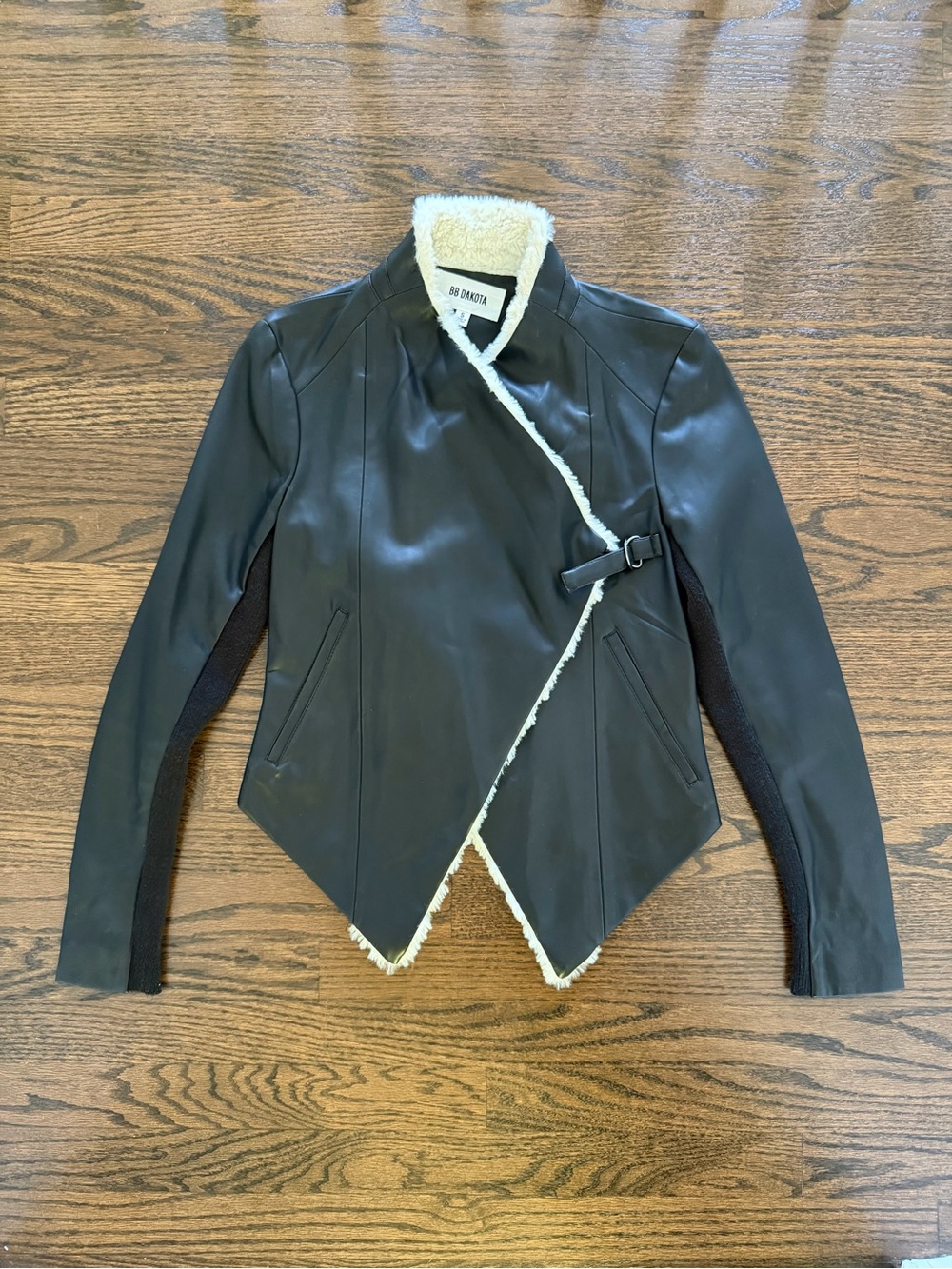 BB Dakota Black Faux Leather Jacket with Cream Shearling Trim
